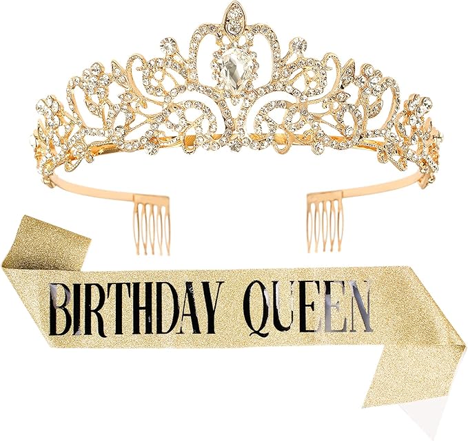 Velscrun Birthday Queen Tiaras Crown for Women, Girls Princess Crowns for Women, Queen Tiara for Mom, Golden Yellow Rhinestones Birth Crown Headband Birth Sash, 50th Birthday Prom Party Decorations