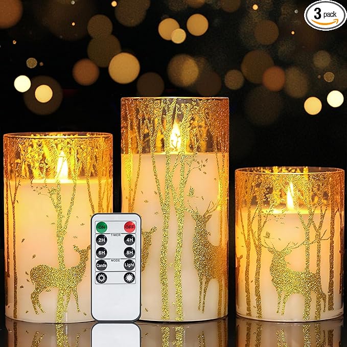 Homemory Christmas Flickering Flameless Candles with Remote Timer, Gold Deer Battery Operated Candles, Glass Real Wax LED Pillar Candles for Home Holiday Decor, Set of 3