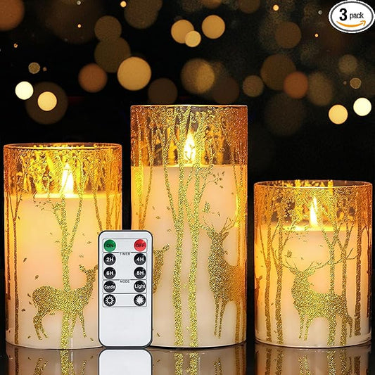 Homemory Christmas Flickering Flameless Candles with Remote Timer, Gold Deer Battery Operated Candles, Glass Real Wax LED Pillar Candles for Home Holiday Decor, Set of 3