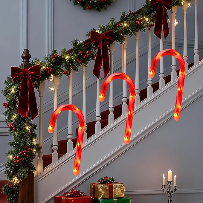 3 Pack Christmas Window Lights Decorations with Timer,Battery Powered Red Lighted Candy Cane LED String Sucker for Xmas 2026 Hanging Fireplace Window Indoor Decor
