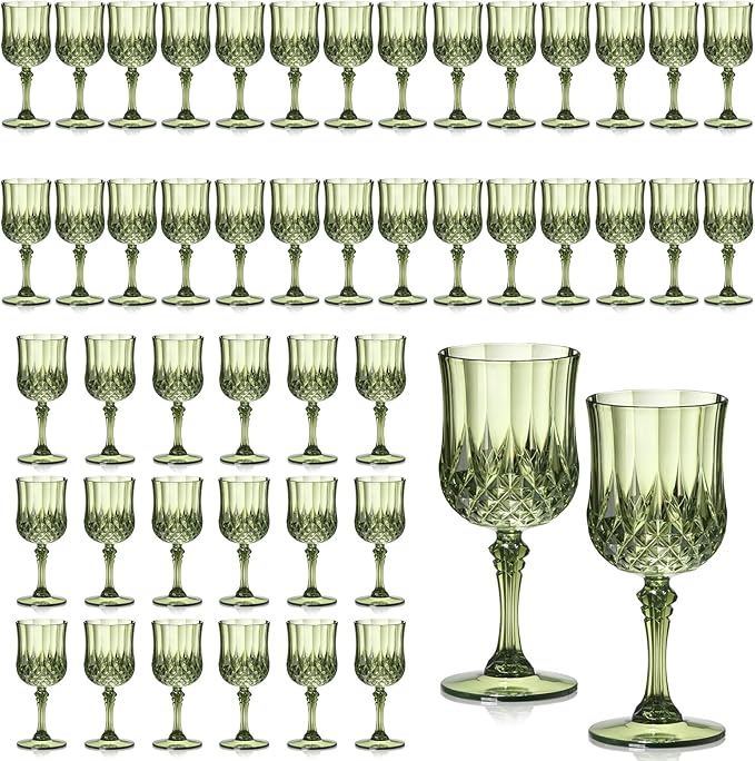 XUWAIDSGN 48 Pcs 7oz Plastic Vintage Wine Glasses Drinking Glasses Unbreakable Wedding Glassware Crystal Water Goblets Reusable Drinkware Vintage Champagne Flutes (48, Dark Green)