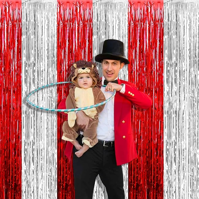 4 Pack 3.2Ft x 9.8Ft Silver Red Foil Fringe Curtain Backdrop, Metallic Tinsel Foil Fringe Streamers Curtains Background for Photo Booth, Wedding, Circus Welcome Carnival Birthday Party Decoration