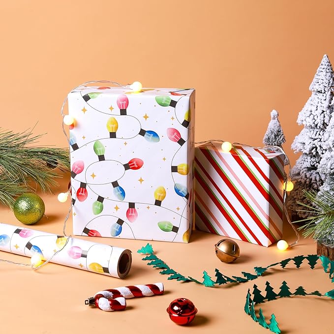 LaRibbons Reversible Vintage Christmas Wrapping Paper Roll, Classic Christmas Light & Stripe Gift Wrap for Holiday, Xmas Party Celebration, 17 Inch × 33 Feet