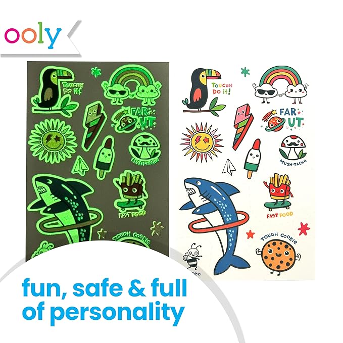 Ooly 40+ Glow in the Dark Temporary Tattoos For Kids, Safe & Non-Toxic Temporary Tattoo, Party Favors Gifts for Kids - Bright & Funny