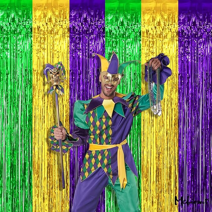 4 Pack 3.2Ft x 9.8Ft Mardi Gras Fringe Curtain Backdrop, Gold Green Purple Metallic Tinsel Foil Fringe Streamers Curtains Background for Photo Booth Birthday Wedding Carnival Party Decorations