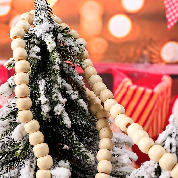 WILLBOND 16 Feet Christmas Wood Bead Garland Wooden Bead Garland for Christmas Tree Holiday Decoration (Wood Color)