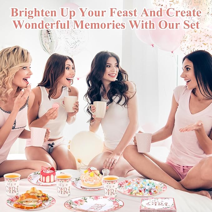 250 Pcs Baby Shower Decoration for Girl, Pink Floral Paper Plates Napkins and Cups It's a Girl Baby Shower Party Tableware for Gender Reveal Spring Birthday Decorations, Serves 50