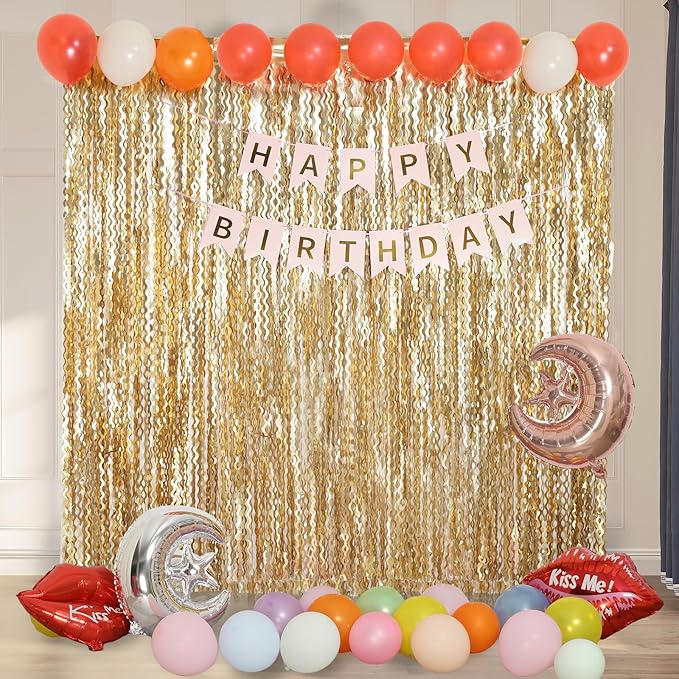 4 Pack Wavy Champagne Gold Metallic Tinsel Foil Fringe Curtains Backdrop - 3.3X6.6ft Foil Fringe Backdrop for Parties | Door Streamers for Birthday | Photo Booth Backdrops Party Decor