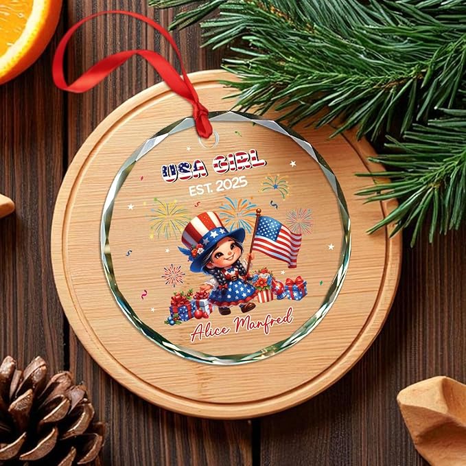 USA Girl Christmas Ornament Gift for Baby Girl Daughter Sister, Personalized Year & Name Keepsake Xmas Ornament Gift for New US Citizen, Customized American Celebrations Glass Decor Xmas Ornaments