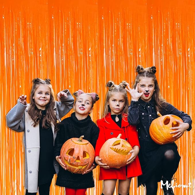 4 Pack Fringe Curtain Backdrop, 3.2Ft x 9.8Ft Macaron Orange Metallic Tinsel Foil Fringe Streamers Background for Photo Booth Birthday Wedding Baby Shower Carnival Easter Mother’s Day Party Decoration