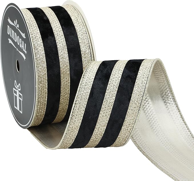Black Velvet Wired Ribbon with Champagne Glitter Stripe 2.5 Inch Crushed Velvet Christmas Ribbon, 10 Yards for Gift Wrapping, Crafts, Christmas Tree Decorations, Wreath Supplies, Garlands