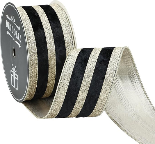 Black Velvet Wired Ribbon with Champagne Glitter Stripe 2.5 Inch Crushed Velvet Christmas Ribbon, 10 Yards for Gift Wrapping, Crafts, Christmas Tree Decorations, Wreath Supplies, Garlands