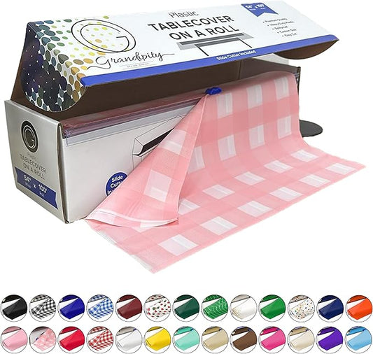 Grandipity Plastic Tablecloth Roll - 54in x 100 Ft. Pink Gingham Plastic Table Cloths for Parties Disposable with Cutter Box - Cut to Size Disposable Tablecloth Table Cover for Rectangle & Round