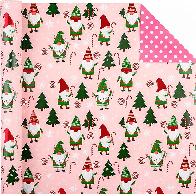 WRAPAHOLIC 30 Inch Jumbo Reversible Gnome Christmas Wrapping Paper - 30 Inch x 33 Feet - Red Green Gnome Wrapping Paper and Pink White Polka Dots for Christmas, Holiday, Party