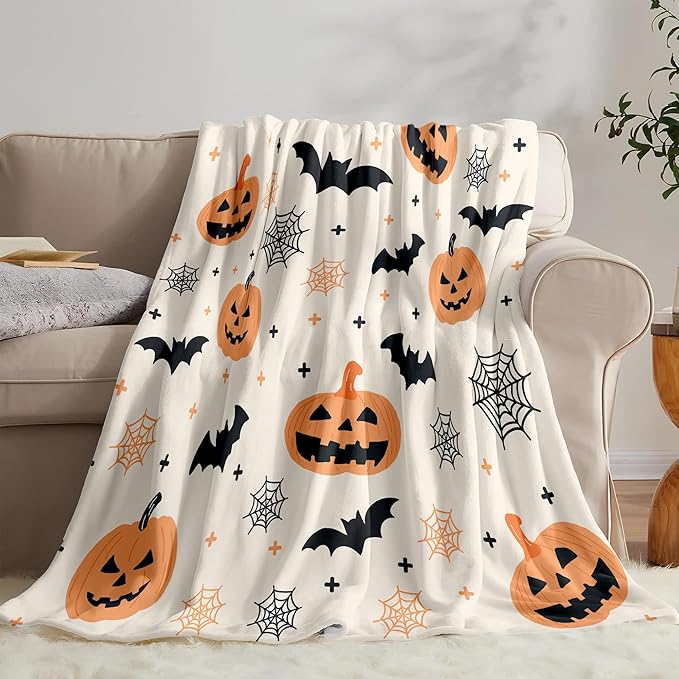 Halloween Flannel Throw Blanket – Ghost, Bat & Pumpkin Pattern – Orange Festive Blanket for Couch or Bed, W50 x L70in