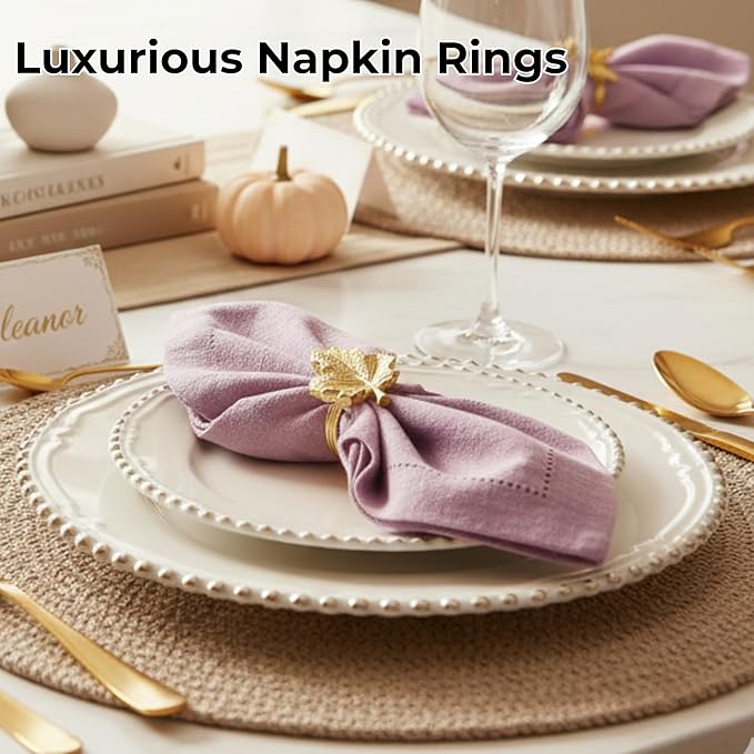 Set of 12 Maple Leaf Napkin Rings - Handcrafted Aluminum Napkin Holders for Cloth & Paper Napkins, Elegant Table Décor for Weddings, Thanksgiving, Christmas & Holiday Parties (Gold) - CLEENTABLE