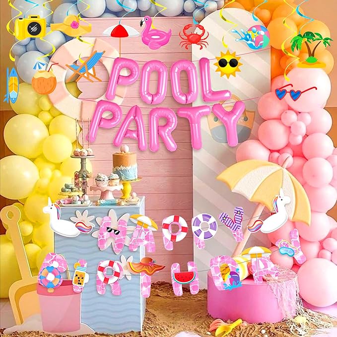 Summer Pool Beach Party Decoration, Pink Pool Party Balloon, Summer Birthday Bash Party Decorations Tropical Balloons Banner for girls Swimming Water Luau Tropical Hawaii Party Decoration Supplies