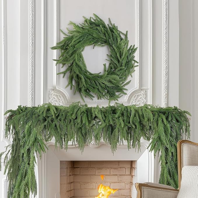 2 Pcs Artificial Norfolk Pine Garlands, Christmas Real Touch Winter Pine Garland, Green Artificial Greenery Cedar Garland for Mantle, Table, Wall, Indoor, Outdoor Christmas Decorations