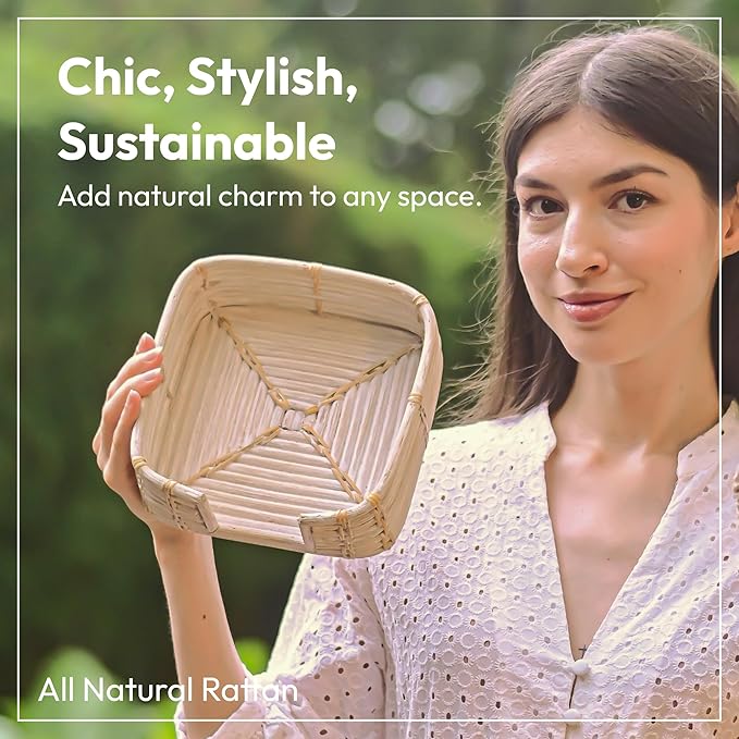 Square Rattan Napkin Holder for Bathroom, Made in Indonesia, 7.5"x7.5" Handwoven Guest Towel Tray for Disposable Paper Napkins, Eco-Friendly Basket for Countertop & Vanity, All Natural Rattan (Honey)