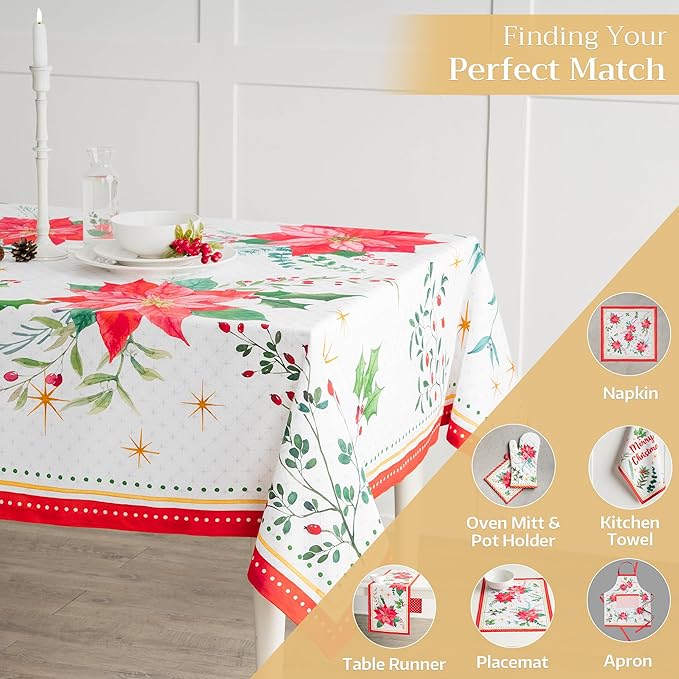 Maison d' Hermine Table Cloth Square Table 100% Cotton 54 x 54 Inches Fall Tablecloth Reusable Everyday Use for Thanksgiving Christmas Decorations Dining Farmhouse Party (Poinsettia Christmas)