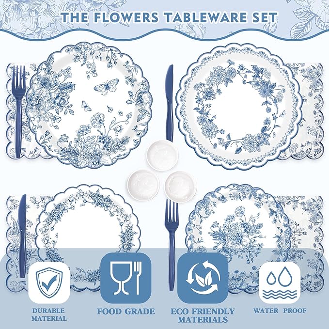 Blue Floral Plates and Napkins Tableware Sets - Serves 24, Includes Flower Paper Plates, Napkins Cups Knives Forks, Vintage Floral Plate for Wedding Bridal Tea Party Supplies
