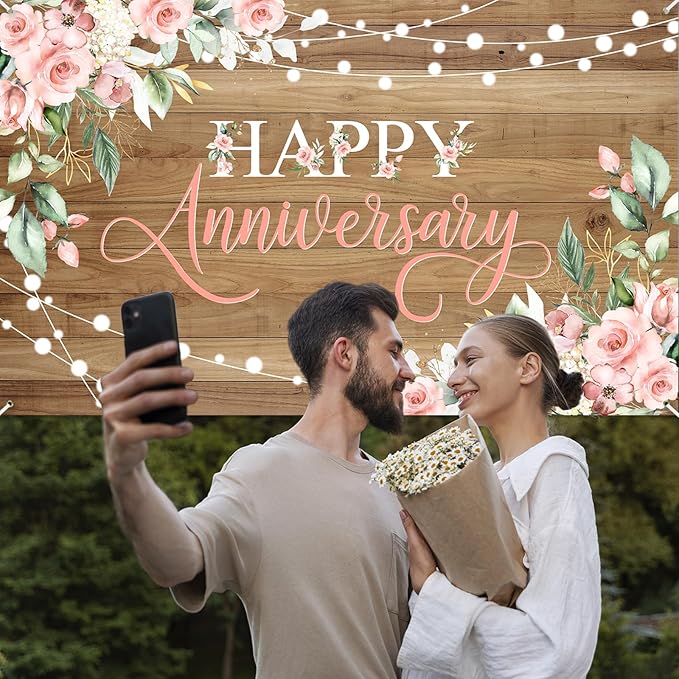 Avezano Happy Anniversary Backdrop Rustic Pink Floral Happy Anniversary Banner Wooden Cheers to Marriage Wedding Commemoration Day Party Decorations Banner 70.8 x 43.3 Inch