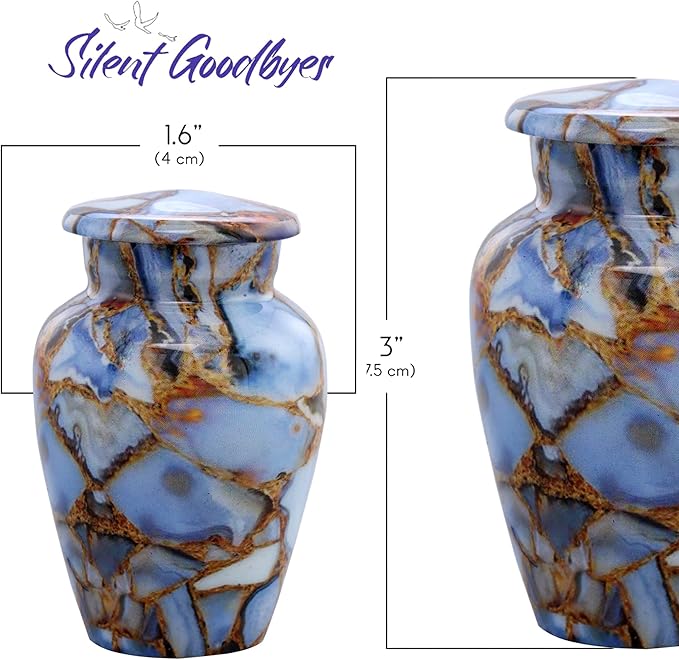 Small Keepsake Cremation Urns for Human Ashes - Marble Finish Metal Keepsake Urn - Mini Cremation Urn for Pet Ashes - Handcrafted Memorial Urn - Funeral Urns with Velvet Bag (Luxury Blue)