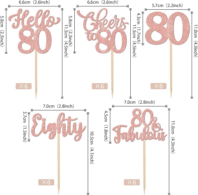 30PCS Happy 80th Birthday Cupcake Toppers Glitter Eighty Cheers to 80 Years Old Birthday Cupcake Picks Hello 80 Fabulous Cake Decorations for Happy 80th Birthday Anniversary Party Supplies Rose Gold