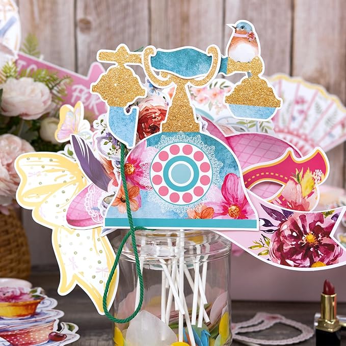 SUNBEAUTY 36 Pcs Tea Party Photo Booth Props - Pink, White, Green - Floral Pattern - Paper Material - Perfect for Parties