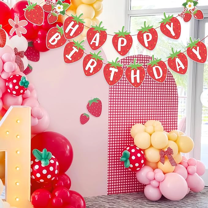 SUNBEAUTY Strawberry Happy Birthday Banner, Berry Sweet Red Fruit Party Hanging Banner, Strawberry Birthday Decorations for Girls 1st Birthday Baby Shower Party Decoration | Pre-Strung