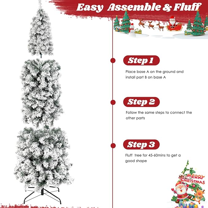 6.5ft Pre-lit Snow Flocked Pencil Christmas Tree Fir Hinged Slim Corner Xmas Tree Holiday Decoration with 250 Incandescent Warm White Lights & 586 Snow Branch Tips, White