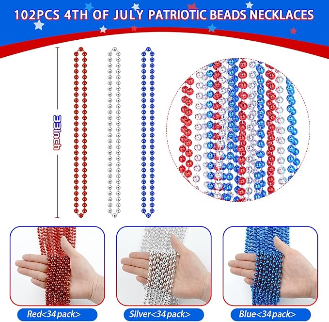 102 PCS Patriotic Bead Necklaces, 4th of July Beads Necklaces Bulk 4th of July Accessories 33 Inch Metallic Red/Silver/Blue Beaded Necklaces for Patriotic Day, Carnival Party Favor