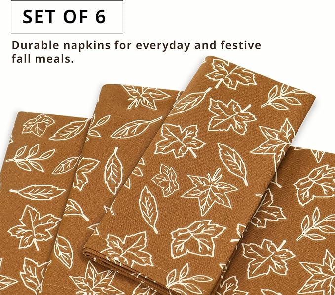 PurpleEssences Fall Harvest Thanksgiving Napkins 18x18 Inch,Set of 6-100% Cotton Autumn Leaves Print - Reusable, Washable Dinner Napkins for Home, Kitchen & Parties - Jora