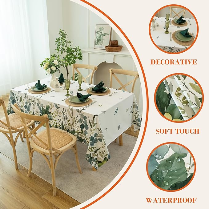 Summer Spring Tablecloth – Waterproof, Stain Resistant, Eucalyptus Floral Design for Dining, Kitchen, Outdoor, Picnic, Easy Clean, Vibrant and Durable Home Decor, W52 x L70