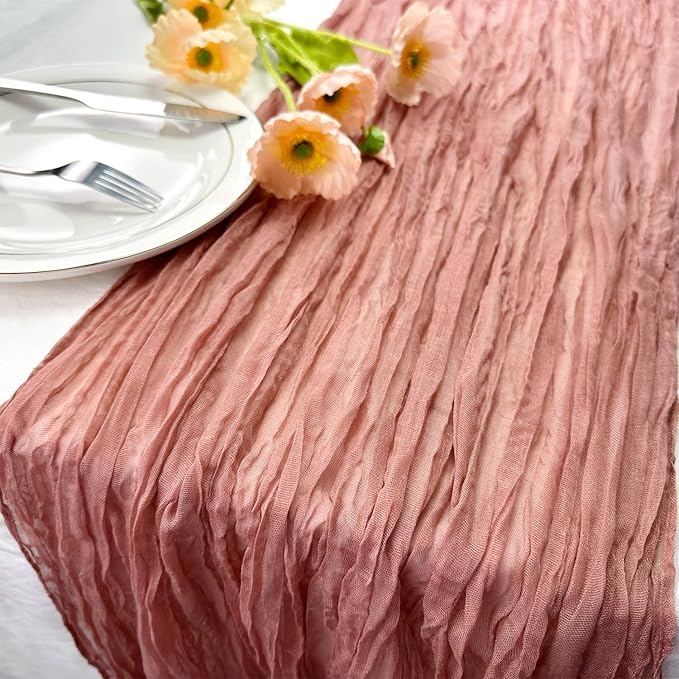 Booque Valley 6 Pack Dusty Blush Cheesecloth Table Runner 10ft Super Soft Boho Wrinkled Gauze Sheer Cloth for Baby Shower Baptism Birthday Party Wedding Centerpiece Table Decoration, 35x120 Inch