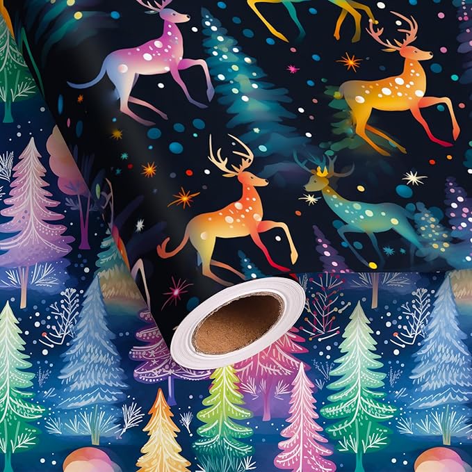 Vnaaem Chrismas Wrapping Paper Roll for Boys Kids Girls - Cute Rainbow Xmas Gift Wrap with Reindeer Trees Design for Holiday Winter Birthday DIY Craft Party(Total 28.5sq.ft)