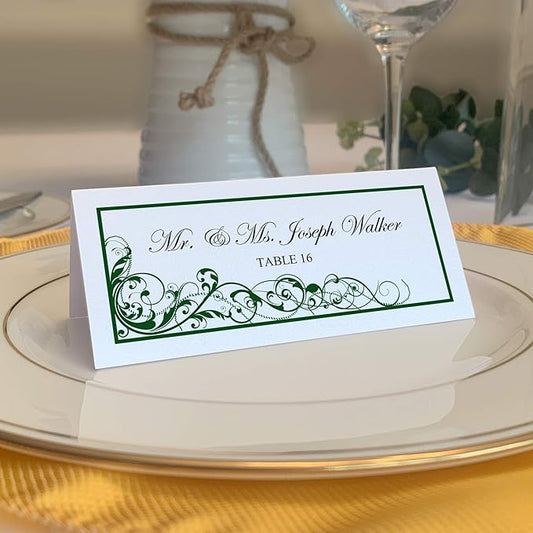 Scribble Vintage Swirl Printable Place Cards, Hunter Green (Choose Color), Set of 150 (25 Sheets), Laser & Inkjet Printers - Wedding, Party, Dinner, and Special Events