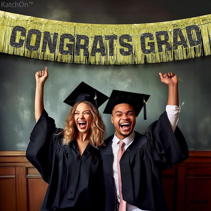 KatchOn, Congrats Grad Banner Gold Set - 6.5 Feet | Black and Gold Graduation Decorations 2025 | Gold Foil Fringe Curtain, Congrats Grad Sign For Backdrop | gold Fringe Backdrop