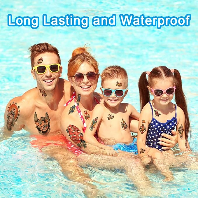 77 sheets Classic Temporary Tattoos Adult, Old School Tattoos Stickers, Sailor Jerry Style Fake Tattoo, American Traditional Flower Rose Arm Temporary Tattoos for Women Men Kids