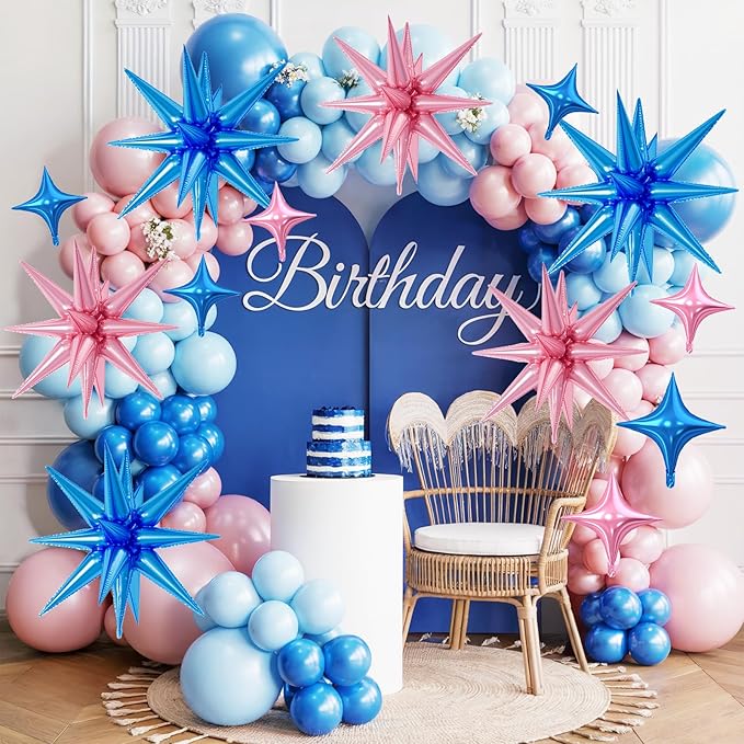 18 Pcs Pink Blue Star Balloons, Blue and Pink Balloon with 6 Pcs 22-Inch Explosion Star Balloons 12Pcs 10-Inch Four Pointed Stars Foil Balloon for Wedding Baby Shower Birthday Party Decoration