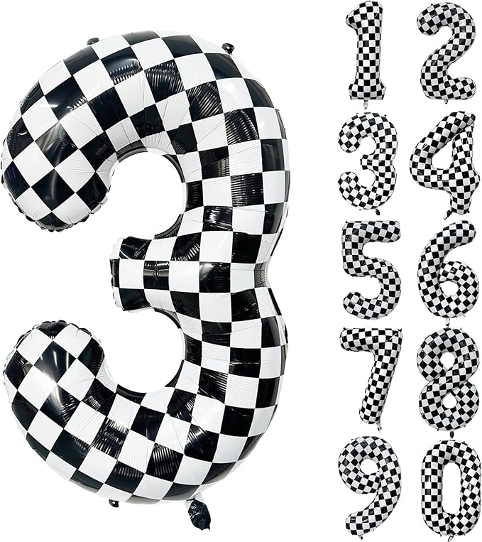 40 Inch Checkered Number Balloon 3 Black and White Number 3 Balloon Foil Helium Balloons for Birthday Party Decoration Girls Boys Baby Shower Anniversary Decoration Race Car Party Decoration