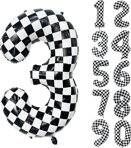 40 Inch Checkered Number Balloon 3 Black and White Number 3 Balloon Foil Helium Balloons for Birthday Party Decoration Girls Boys Baby Shower Anniversary Decoration Race Car Party Decoration