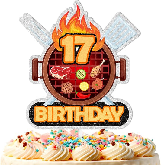 Barbecue Cake Topper BBQ Theme 17th Birthday Happy Sausage Kebab Decoration, Boy and Girl Birthday Party, Summer Outdoor Picnic Party, Anniversary Friend Family Gathering Cooking Grill Decoration