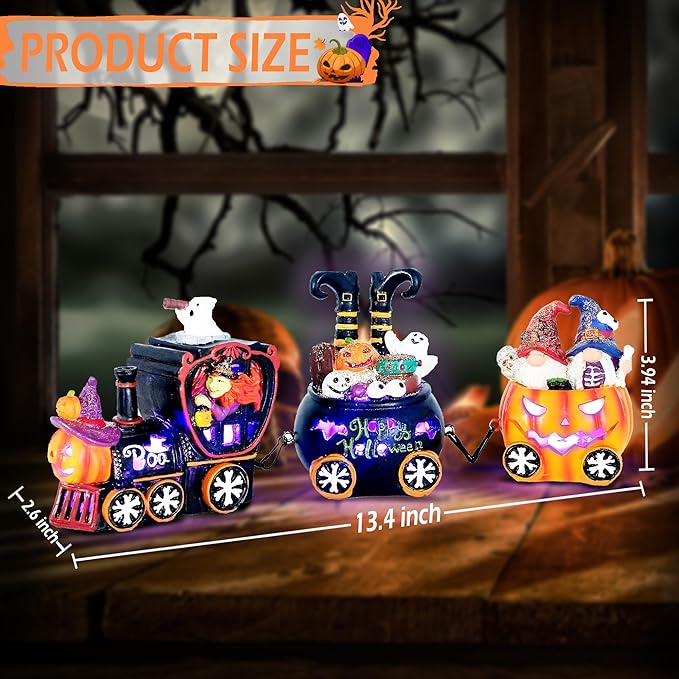 Hexagram Halloween Table Decorations Indoor, Lighted Halloween Witch Train Decor for Tabletop Figurines, Halloween Centerpieces Decorations for Home, Light Up Gnomes Decorations