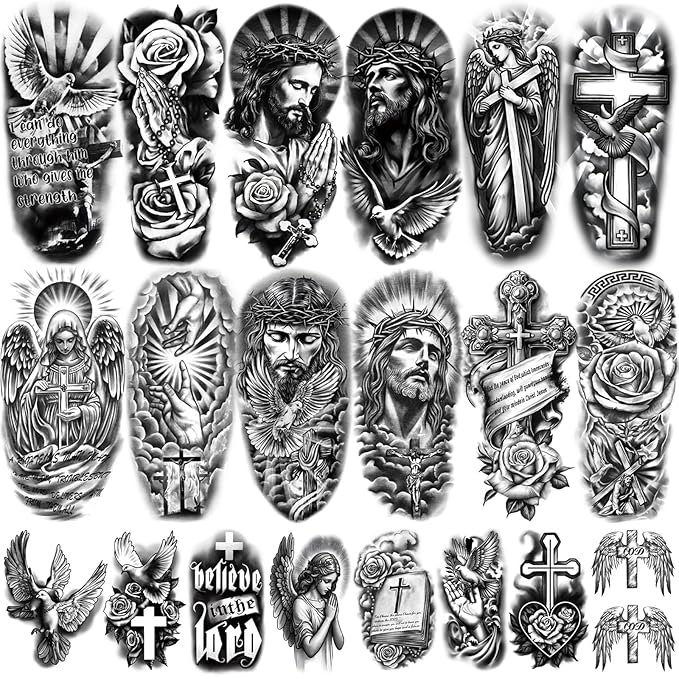 77 Sheets Christian Temporary Tattoo Adult, Religious Jesus Christ Cross Angels God Half Arm Fake Tattoos, Christ Catholic Realistic Tiny Body Temporary Tattoos for Men and Women Kids