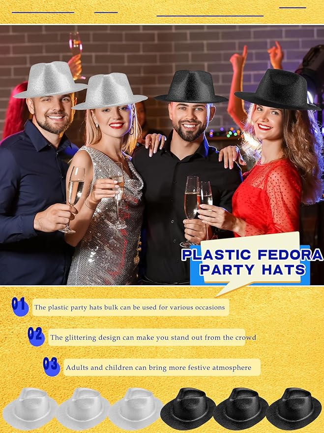 28 Pack Plastic Party Hats Bulk Glitter Party Hat Fedora Party Hat Gangster Hat for Adult Kids Costume Accessory
