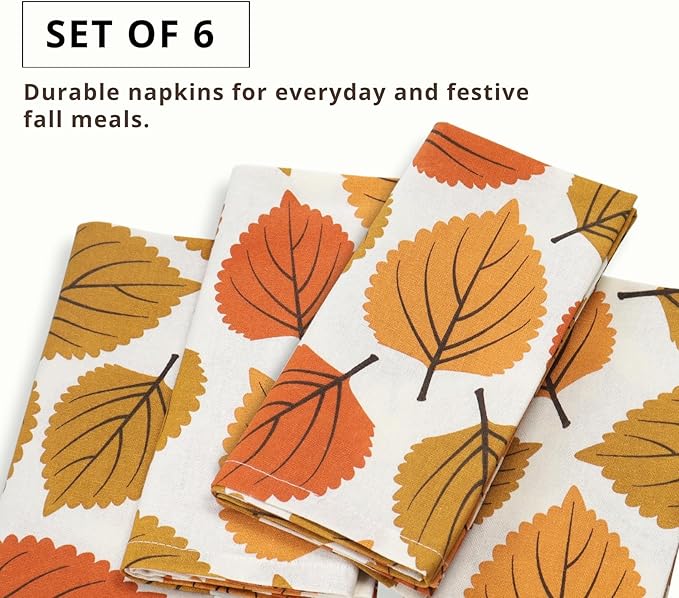 PurpleEssences Fall Harvest Decor Thanksgiving Napkins, 18x18 Cloth Napkins Set of 6, 100% Cotton Autumn Leaves Dinner Napkins for Farmhouse Kitchen, Amber