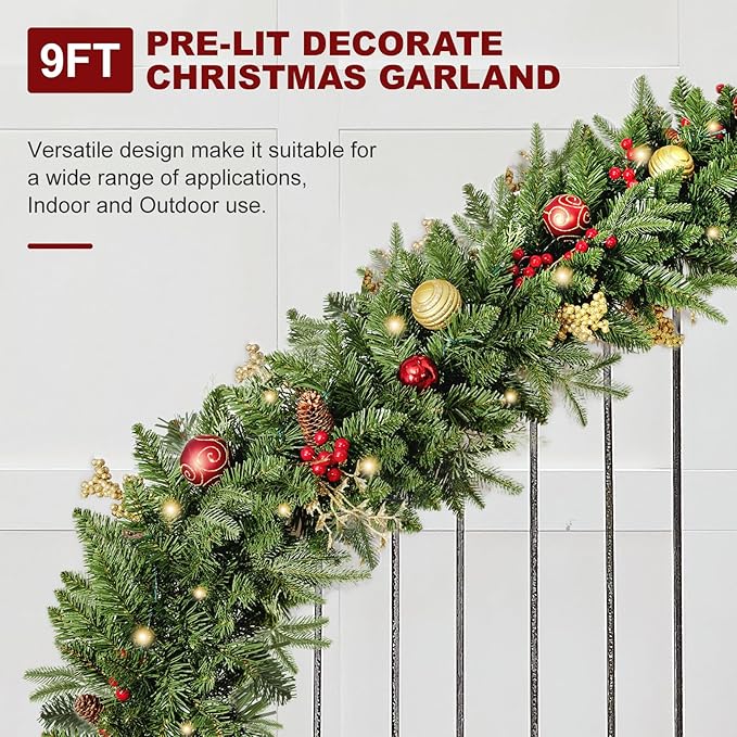 9FT Artificial Christmas Prelit Garland with 50 White Light, Pulg in, Pine Cones, Gold and Red Ball, Red Berris Mantle for Indoor Holiday Door Home Decorations Stairs Fireplaces Wall