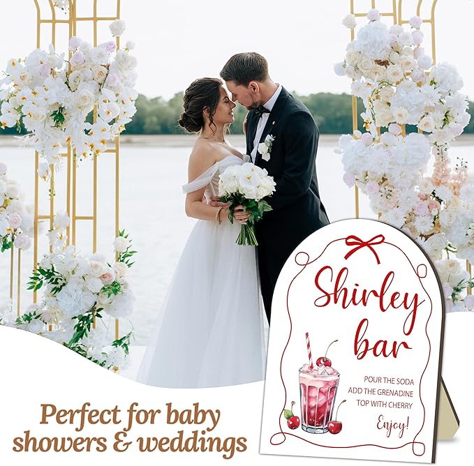 Bow Shirley Bar Sign, Baby Shower Welcome Sign, Baby Shower Table Decor Sign, Party Reception Signs, Red Bow Babies Party Decor Supplies, Wooden Sign with Stand, Wedding Parties Decor Favor 8x10 Inch