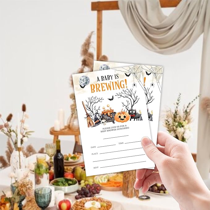 25 Halloween Baby Shower Invitation Cards, A Baby Is Brewing, Watercolor Pumpkin & Boo Baby Shower Invites With Envelopes, Gender Reveal, Baby Announcement Party Favor & Supplies (A10)